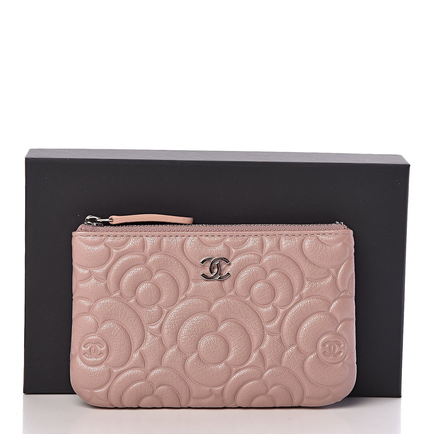 Goatskin Camellia Embossed Cosmetic Pouch Light Pink