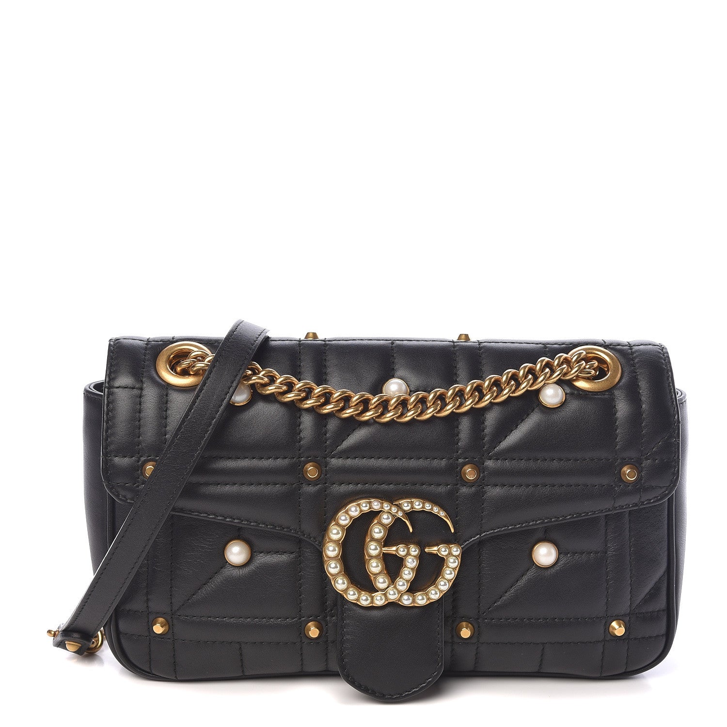 Gucci Calfskin Matelasse Studded Small Pearly GG Marmont Shoulder Bag Black 1 of 10
