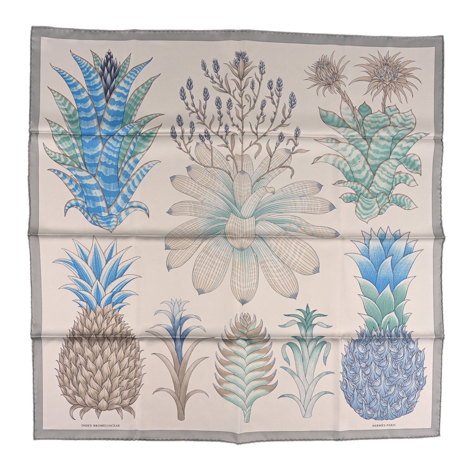 Hermes Silk Index Bromeliaceae Scarf 90 Gris Argent Bleu Vert Amande 1 of 5