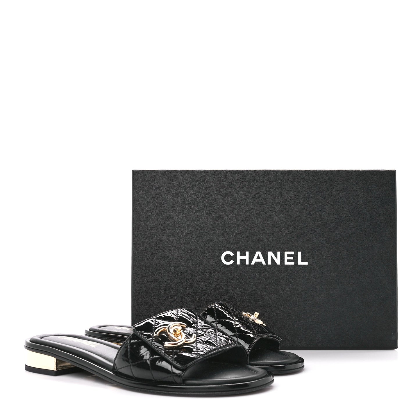 Patent Goatskin Quilted CC Mules Sandals 37 Black
