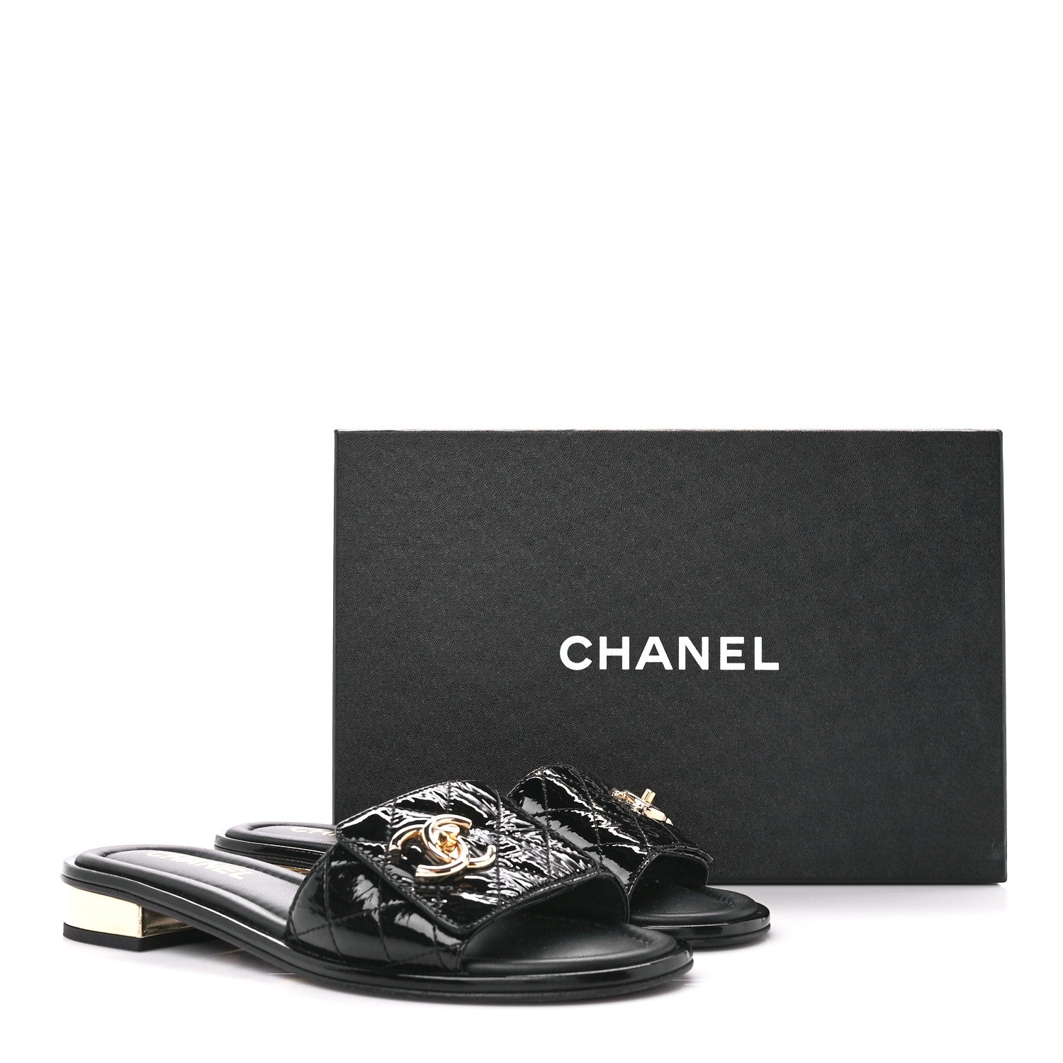 Chanel Patent Goatskin Quilted CC Mules Sandals 37 Black 11 of 11
