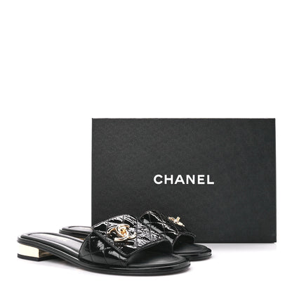 Chanel Patent Goatskin Quilted CC Mules Sandals 37 Black 11 of 11