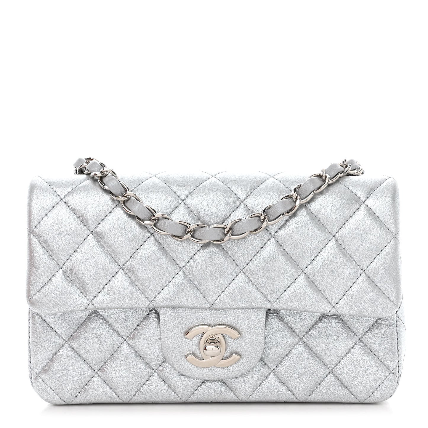 Metallic Lambskin Quilted Mini Rectangular Flap Silver