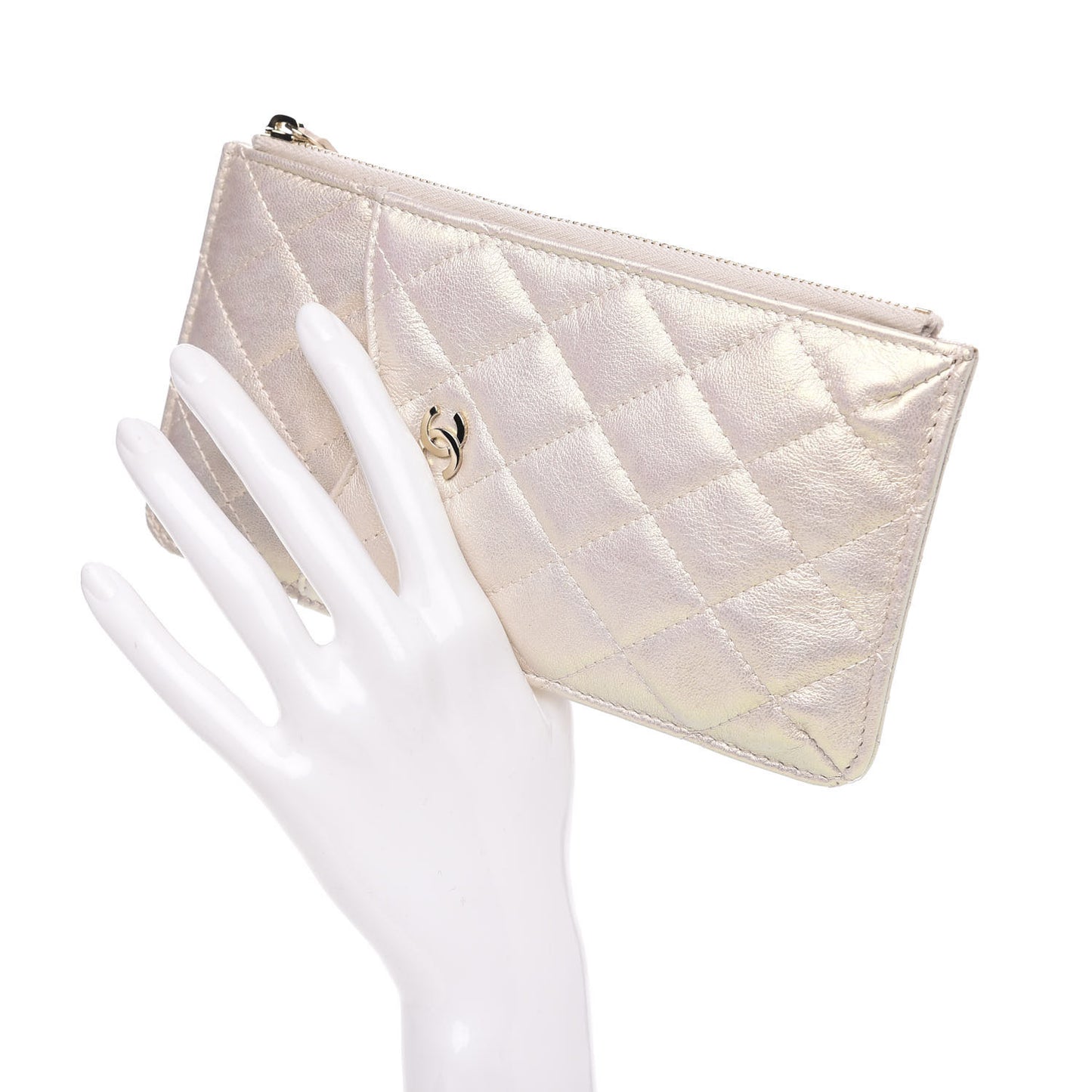 Iridescent Lambskin Quilted Classic Flat Wallet Pouch Ivory