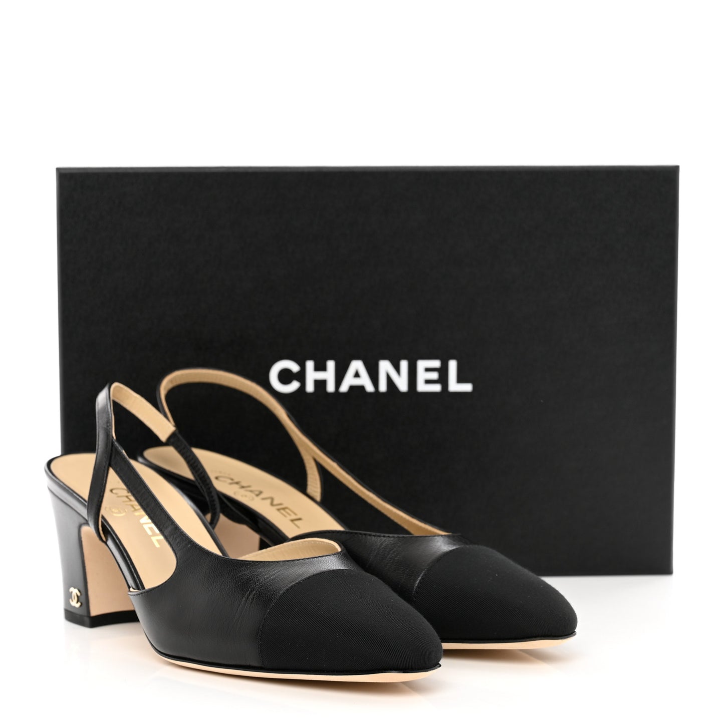 Goatskin Grosgrain Cap Toe CC Slingback Sandals 39.5 Black