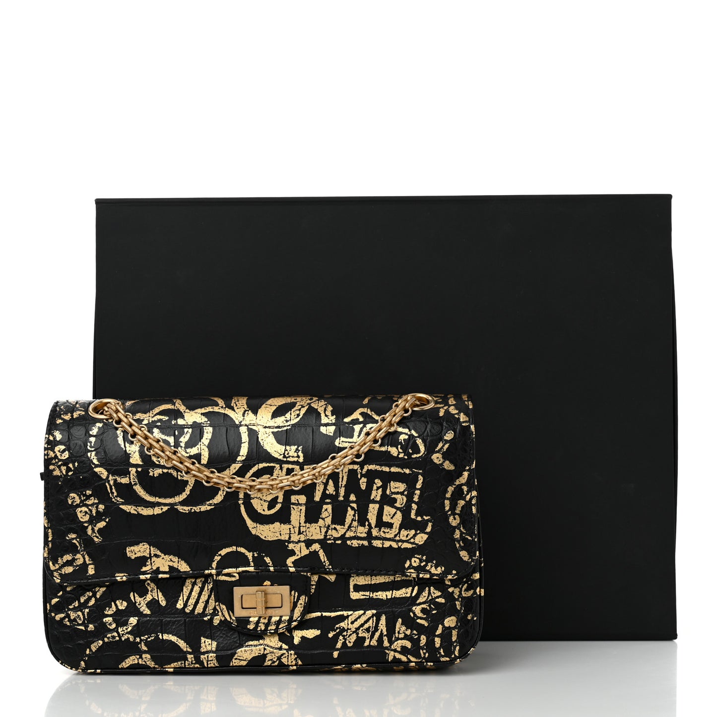 Calfskin Crocodile Embossed Graffiti 2.55 Cocodile Reissue 225 Flap Black Gold