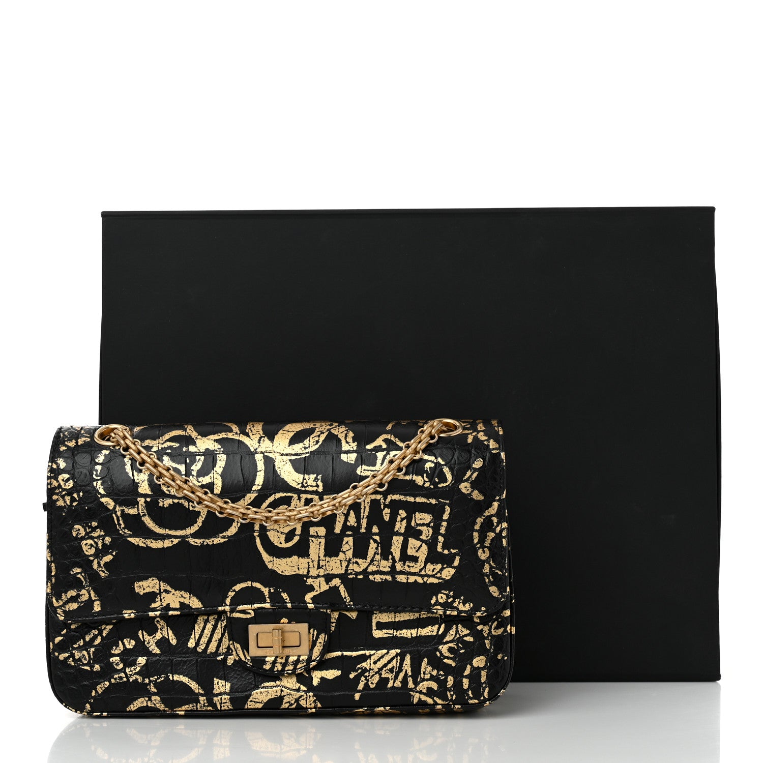 Chanel Calfskin Crocodile Embossed Graffiti 2.55 Cocodile Reissue 225 Flap Black Gold 11 of 11