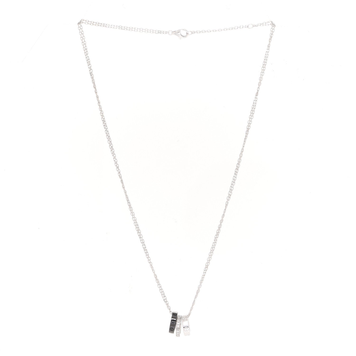 Cartier 18K White Gold Ceramic Diamond Three Ring LOVE Necklace 3 of 6