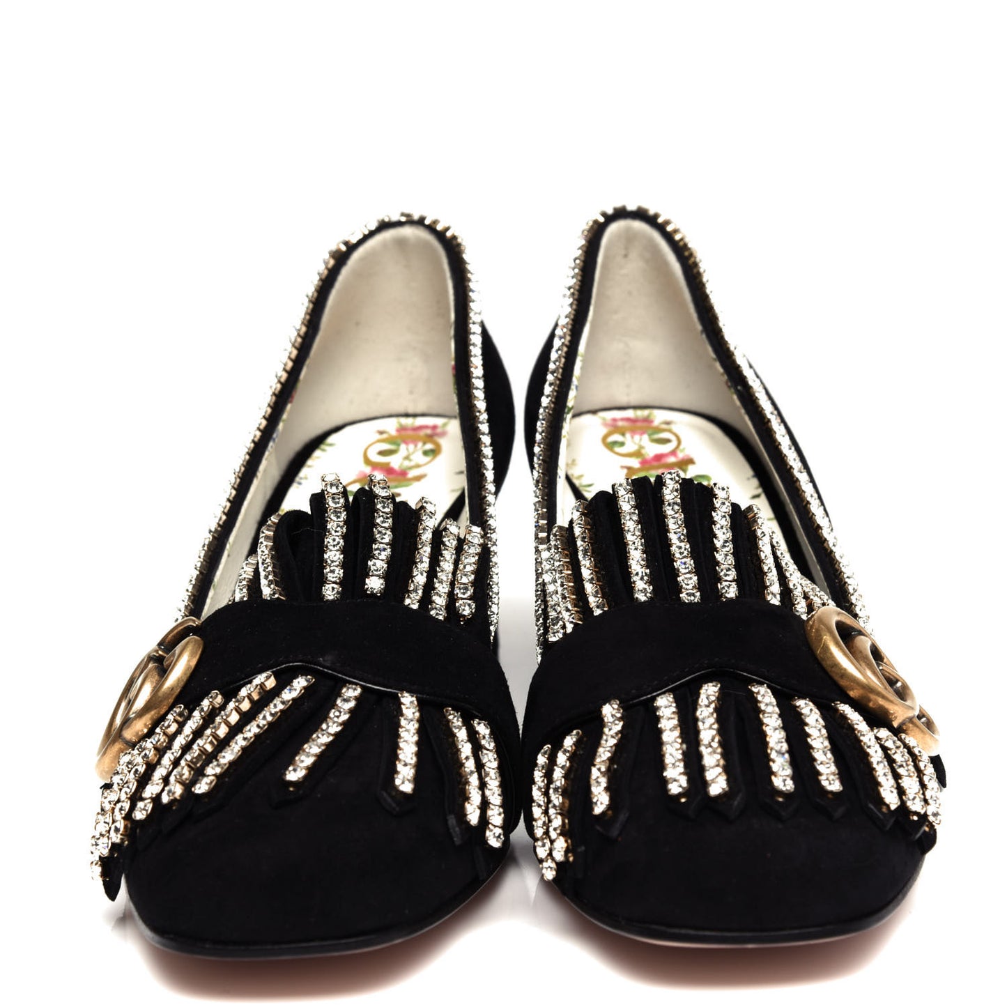Kid Scamosciato Crystal GG Marmont Fringe 50mm Loafer Pumps 37.5 Black