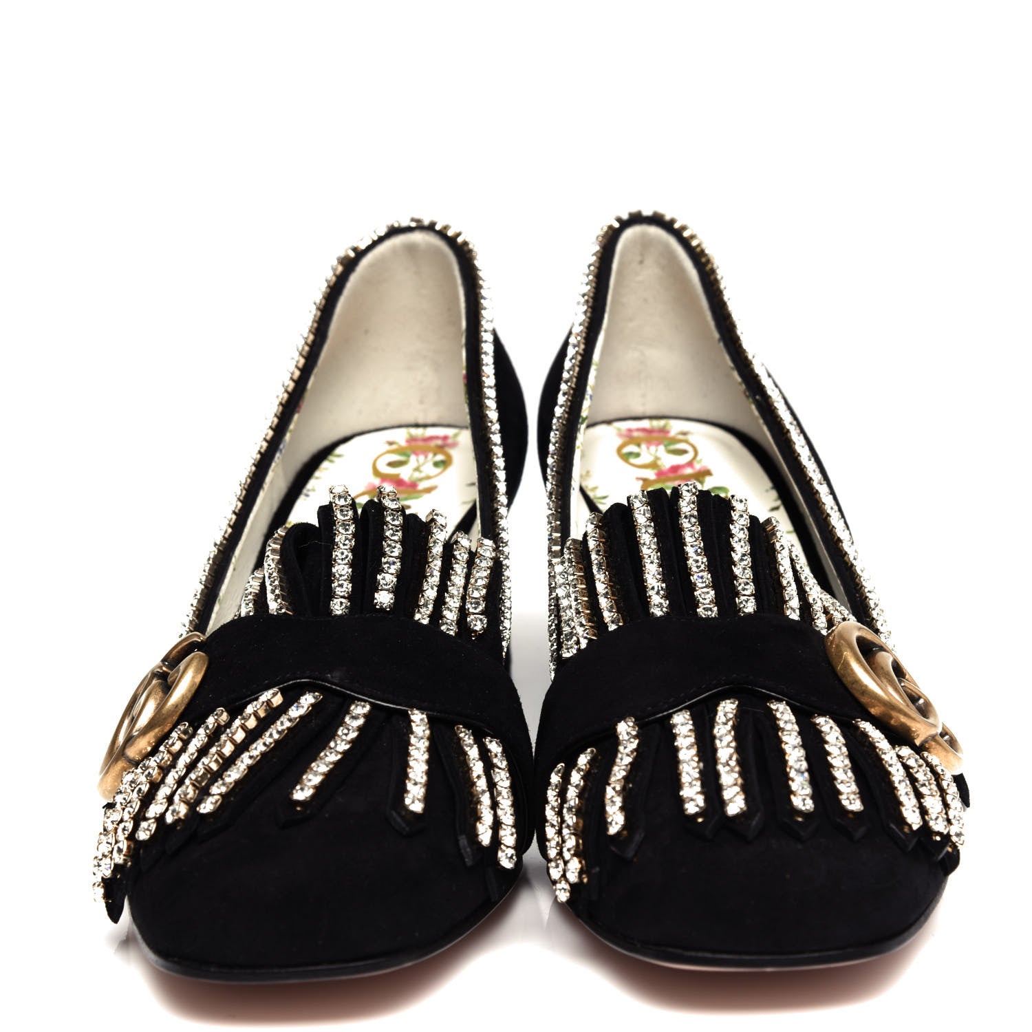 Gucci Kid Scamosciato Crystal GG Marmont Fringe 50mm Loafer Pumps 37.5 Black 5 of 10