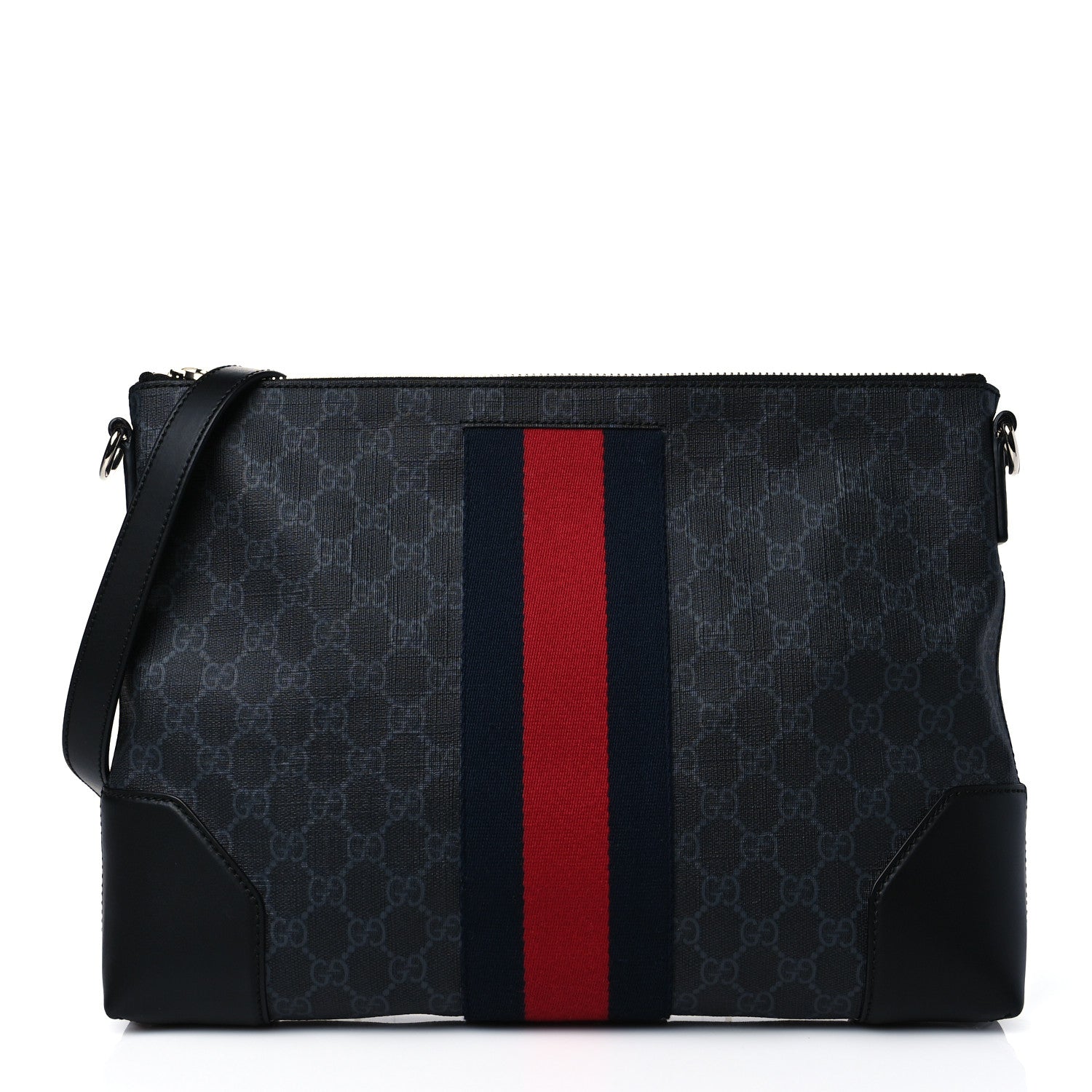 Gucci Soft GG Supreme Monogram Appia Calfskin Web East West Messenger Bag Black Grey 1 of 9