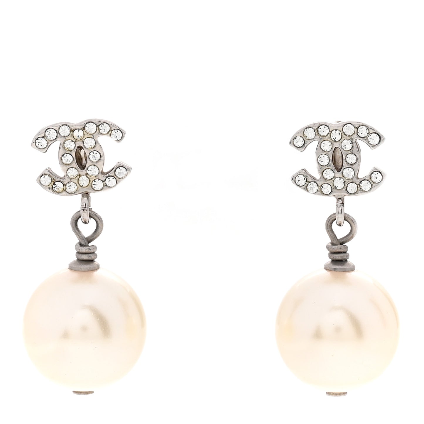 Crystal Pearl CC Drop Earrings Silver Pearly White