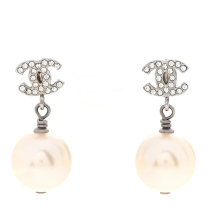 Chanel Crystal Pearl CC Drop Earrings Silver Pearly White 1 of 4