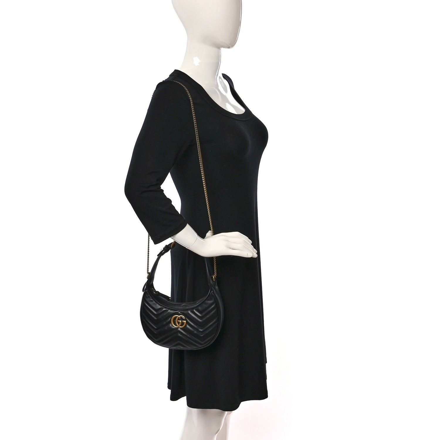 Gucci Calfskin Matelasse Chevron Mini GG Marmont Half Moon Hobo Black 2 of 9