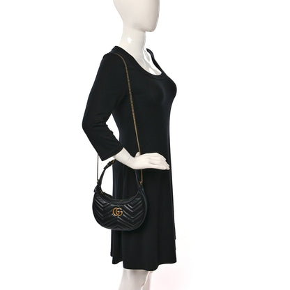 Gucci Calfskin Matelasse Chevron Mini GG Marmont Half Moon Hobo Black 2 of 9
