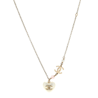 Chanel Resin Crystal CC Heart Necklace Pearly White Gold 1 of 4