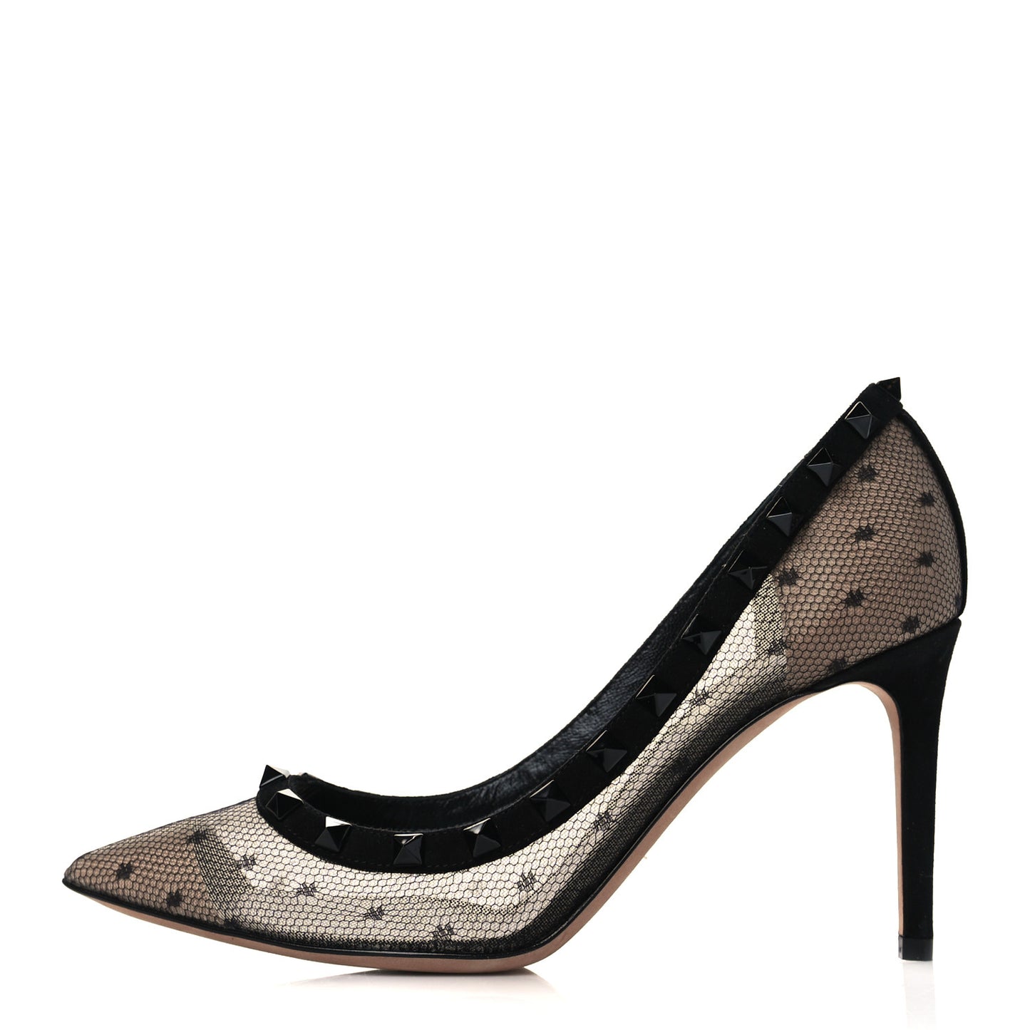Mesh Point d'Esprit Calfskin Rockstud 85mm Pumps 37 Black