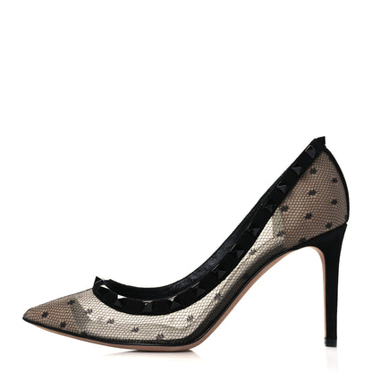 Valentino Garavani Mesh Point d'Esprit Calfskin Rockstud 85mm Pumps 37 Black 1 of 10