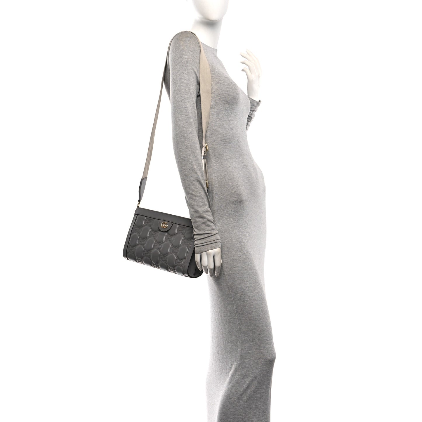 Calfskin GG Matelasse Small Slim Chain Shoulder Bag Dusty Grey Natural