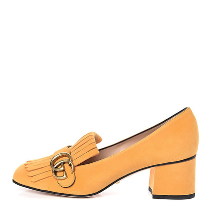 Gucci Kid Scamosciato GG Marmont Fringe 50mm Loafer Pumps 39 Crystal Copper 1 of 9