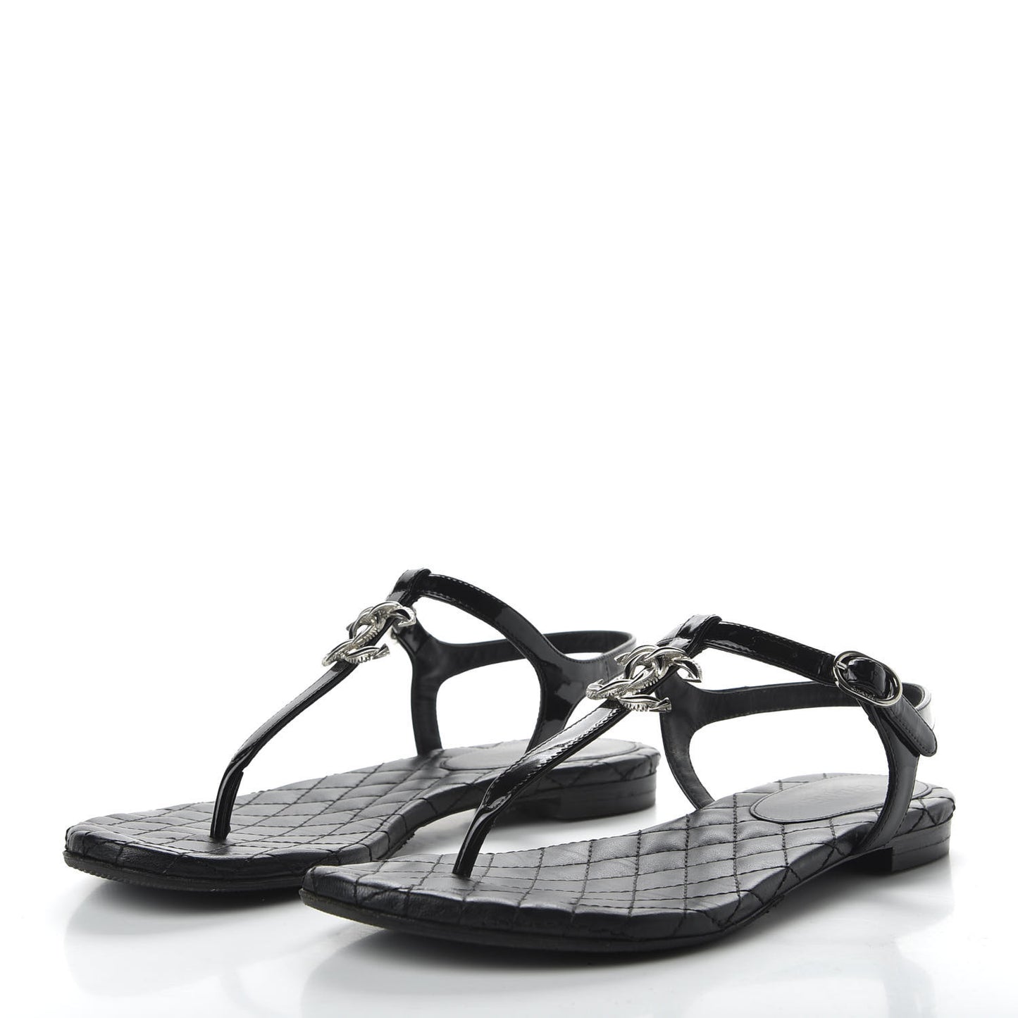 Patent Calfskin CC Chain Thong Sandals 35.5 Black