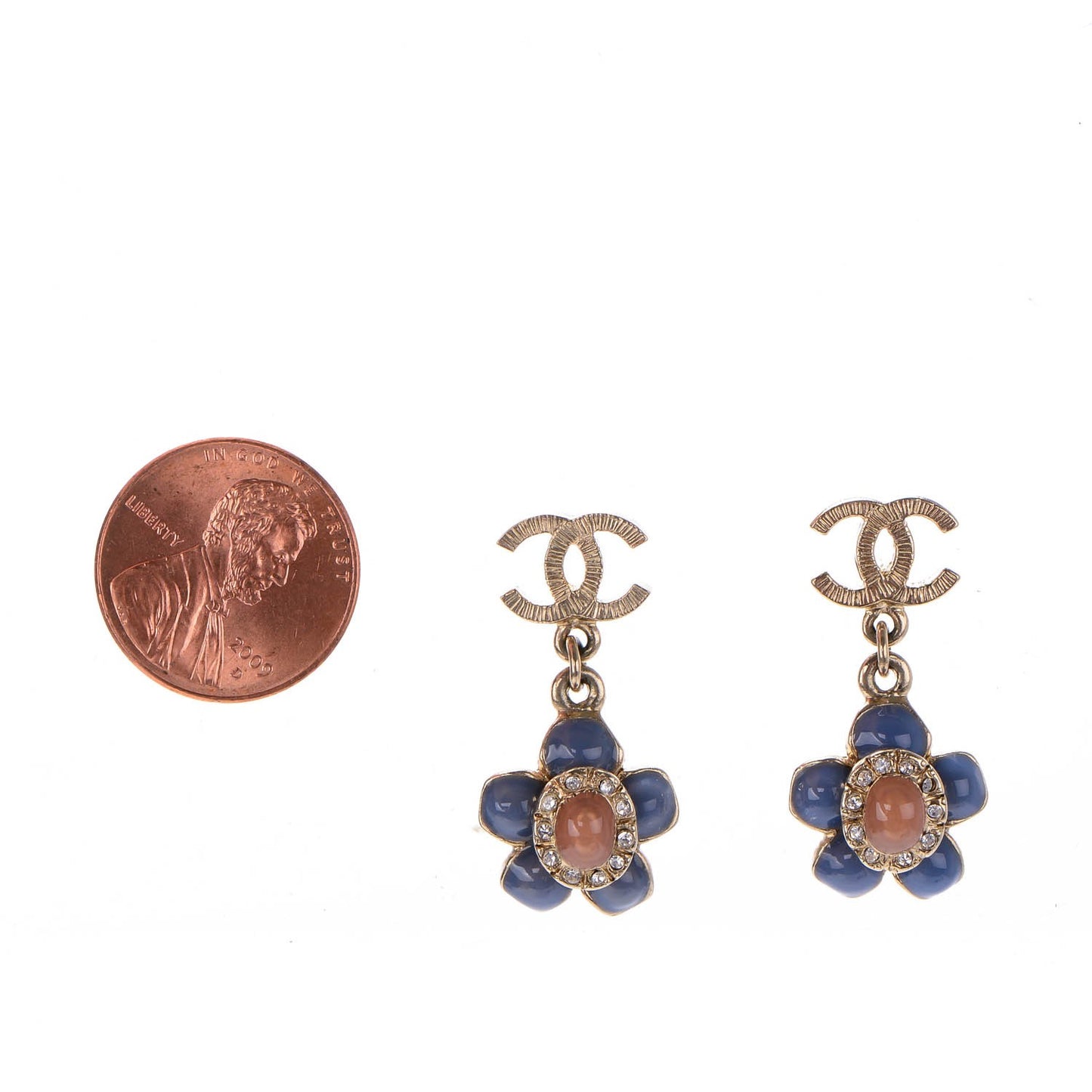 Enamel Crystal CC Camellia Earrings Blue Gold