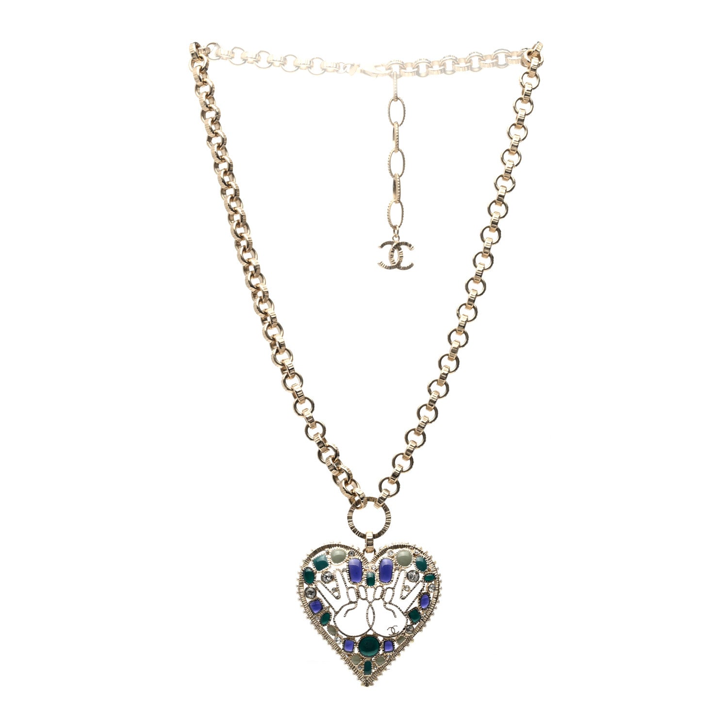 Chanel Embellished Crystal Resin Heart Peace Sign Emoji Necklace Gold Multicolor 3 of 6