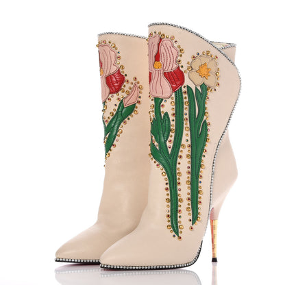 Gucci Calfskin Floral Crystal Embroidered Fosca Boots 36 Mystic White 3 of 14