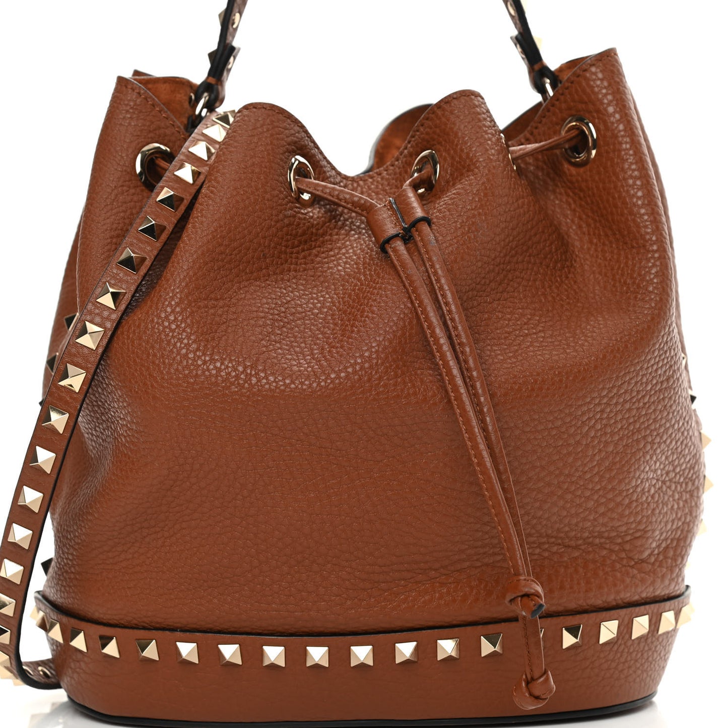 Grained Calfskin Rockstud Bucket Bag Saddle Brown
