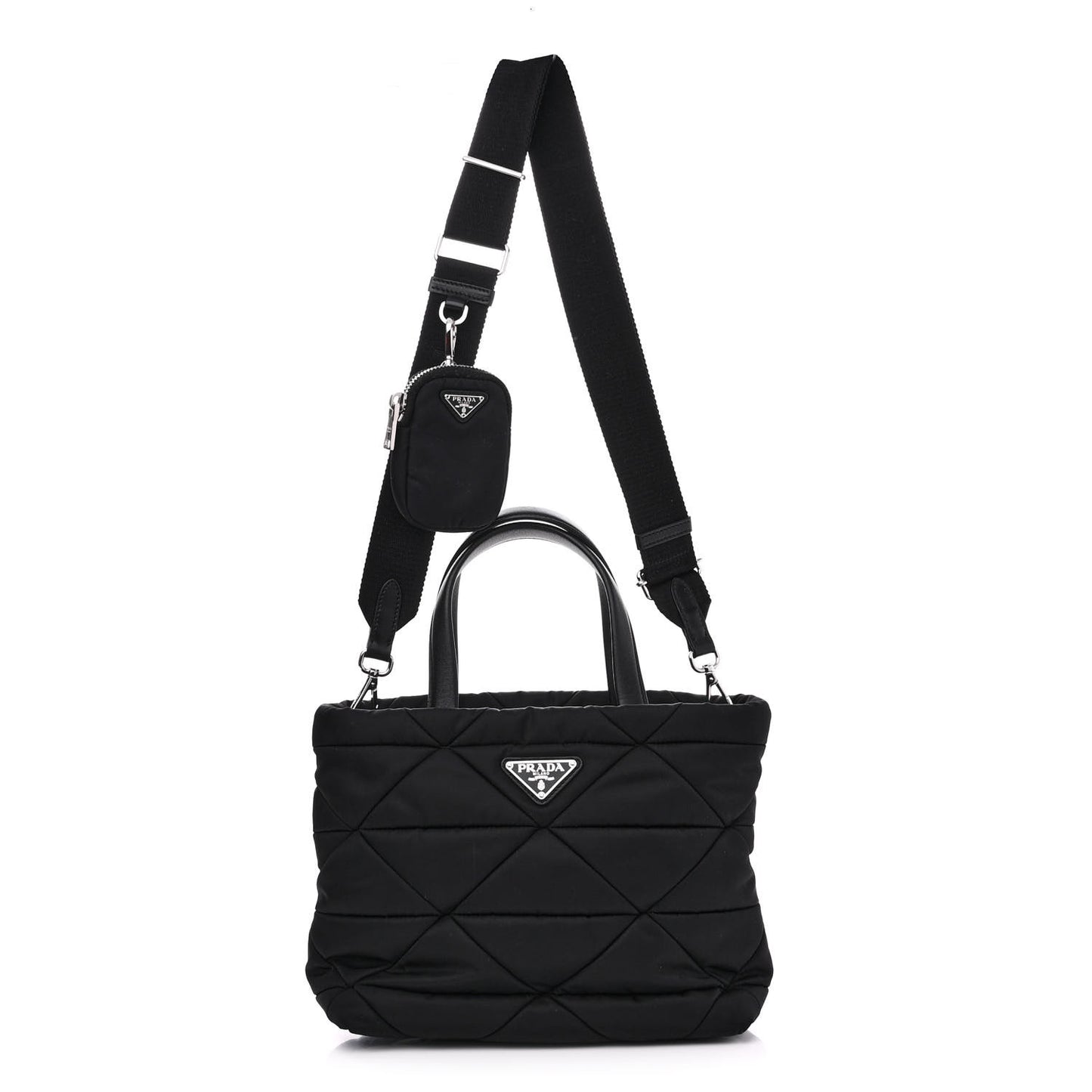 Re-Nylon Nappa Triangle Quilted Padded Double Handled Zip Pocket Tote Black