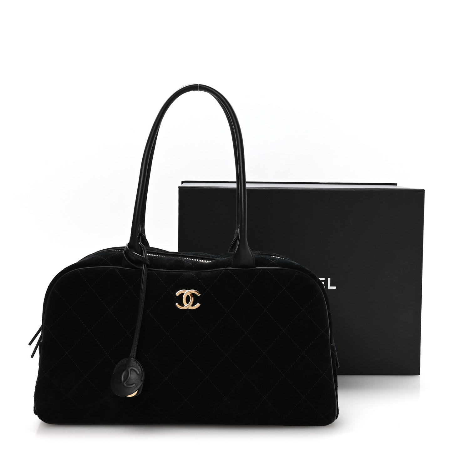 Suede Calfskin Large Perfect Bowling Bag Black