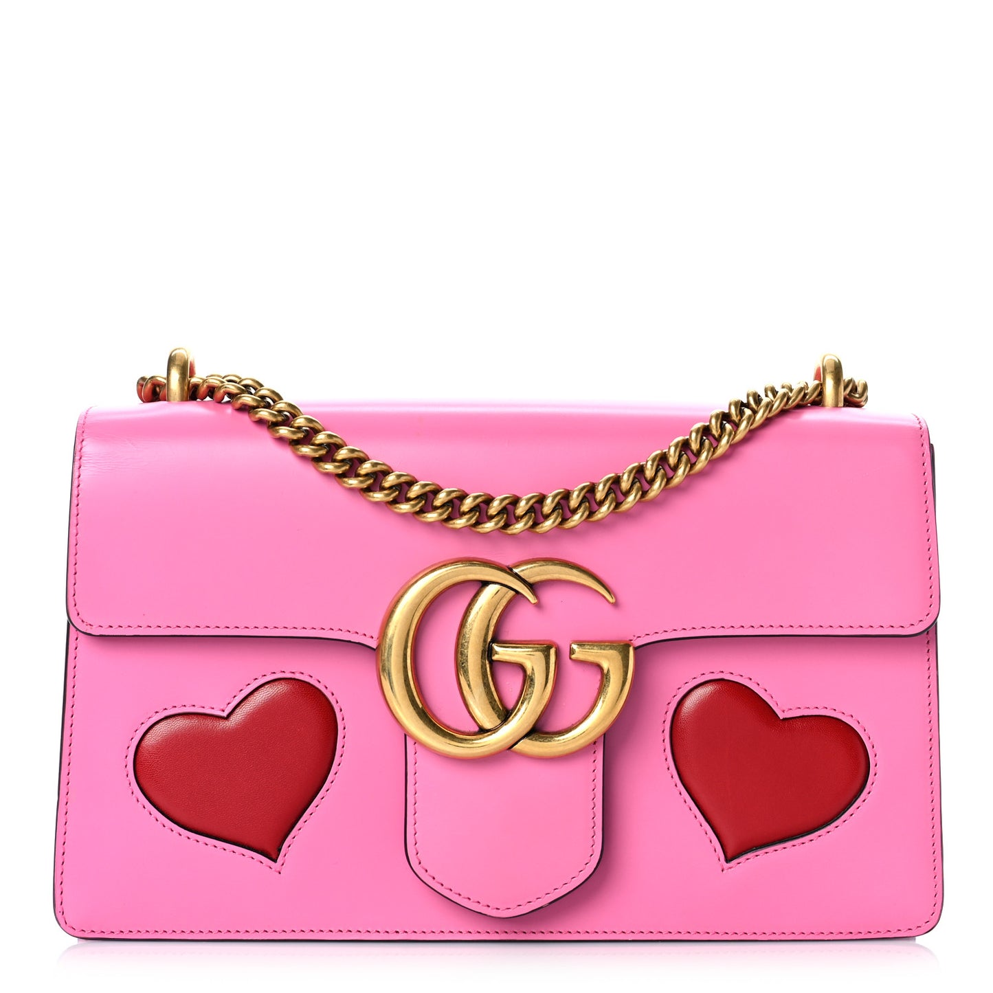 Knight Calfskin Malaga Kid Heart Medium GG Marmont Chain Handle Bag Tropical Pink Flower Hibiscus Red Multicolor