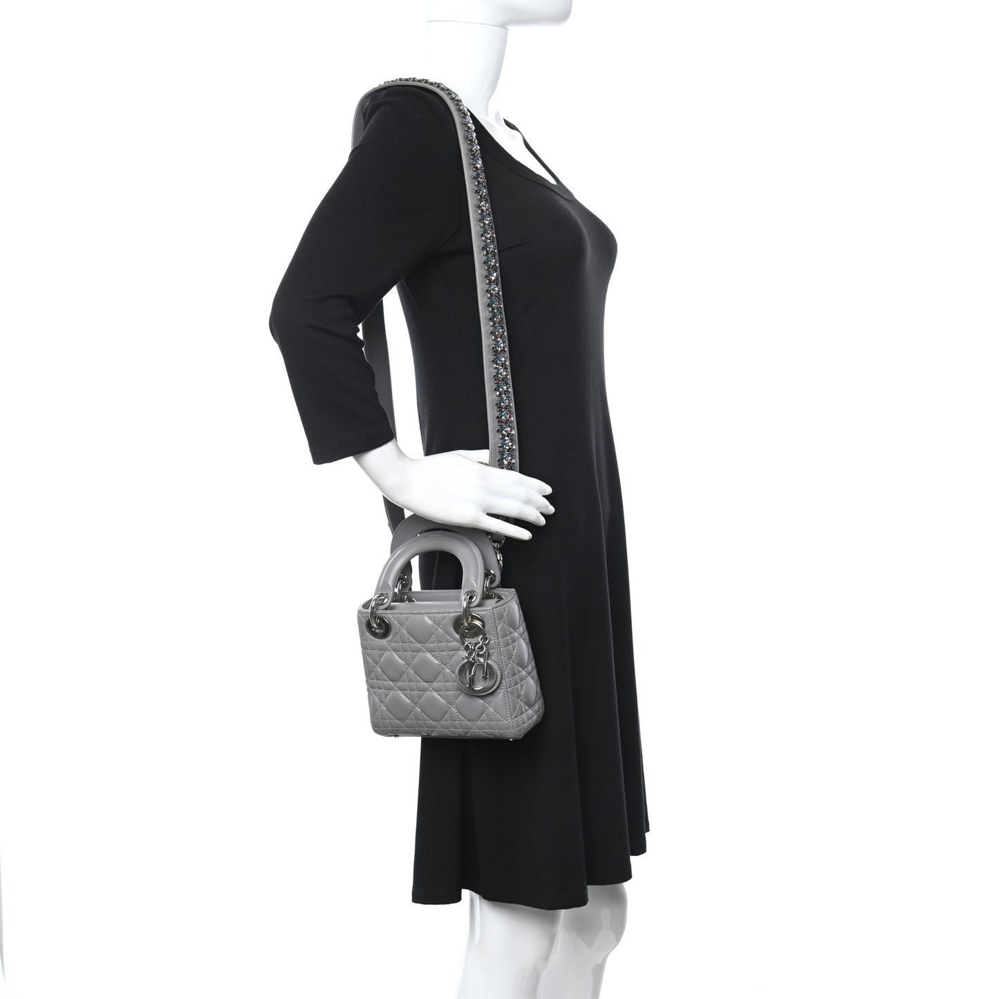 Lambskin Cannage Mini Lady Dior Crystal Strap Grey