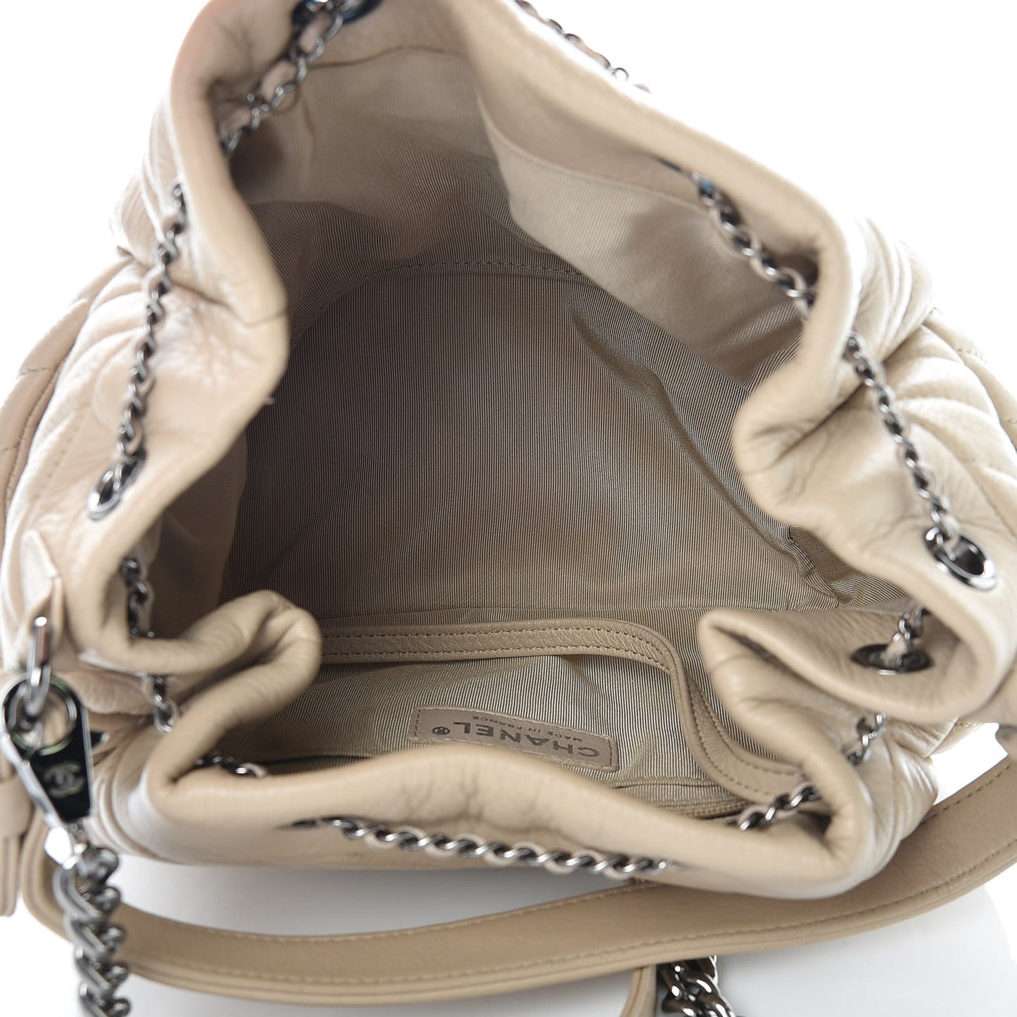 Deerskin Chevron Small CC Chain Bucket Bag Beige