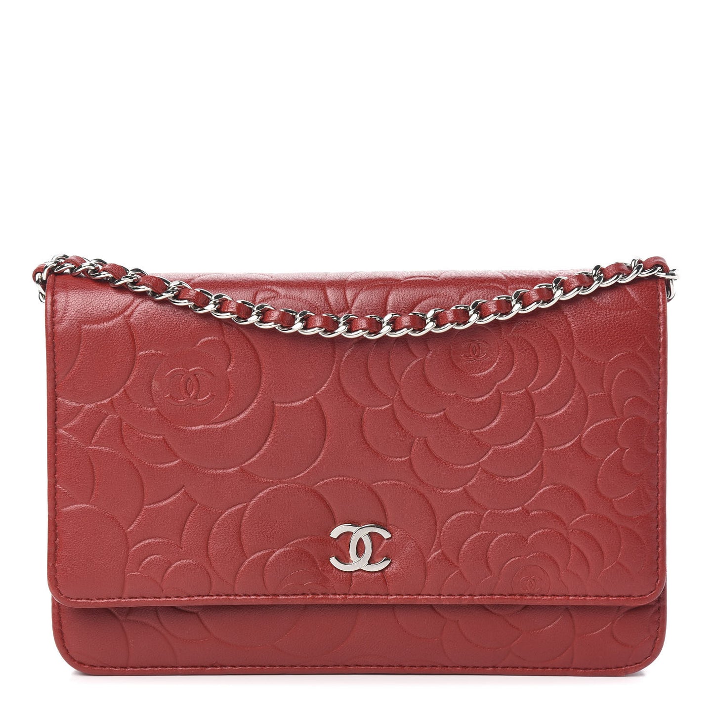Lambskin Camellia Embossed Wallet On Chain WOC Dark Red