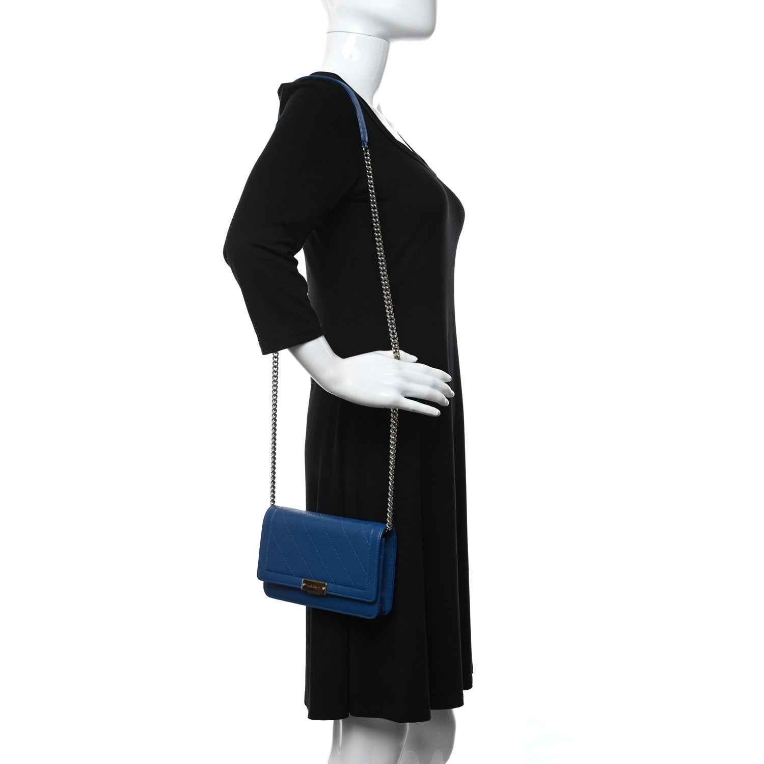 Chanel Grained Calfskin Quilted Label Click Flap Wallet On Chain WOC Blue 2 of 12