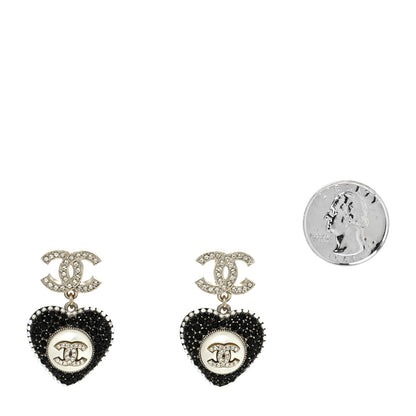 Chanel Pearl Crystal CC Heart Drop Earrings Gold Black White 2 of 4