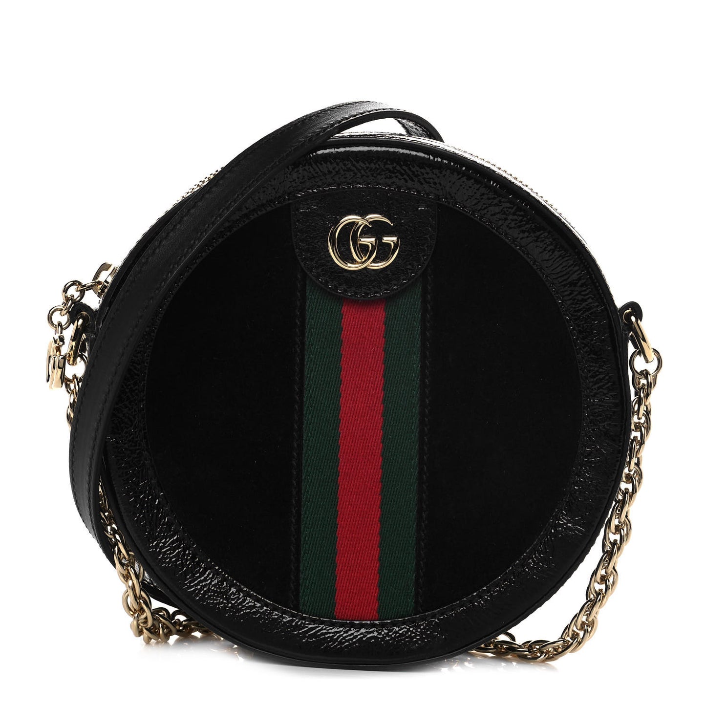 Suede Patent Web Mini Ophidia Round Shoulder Bag Black