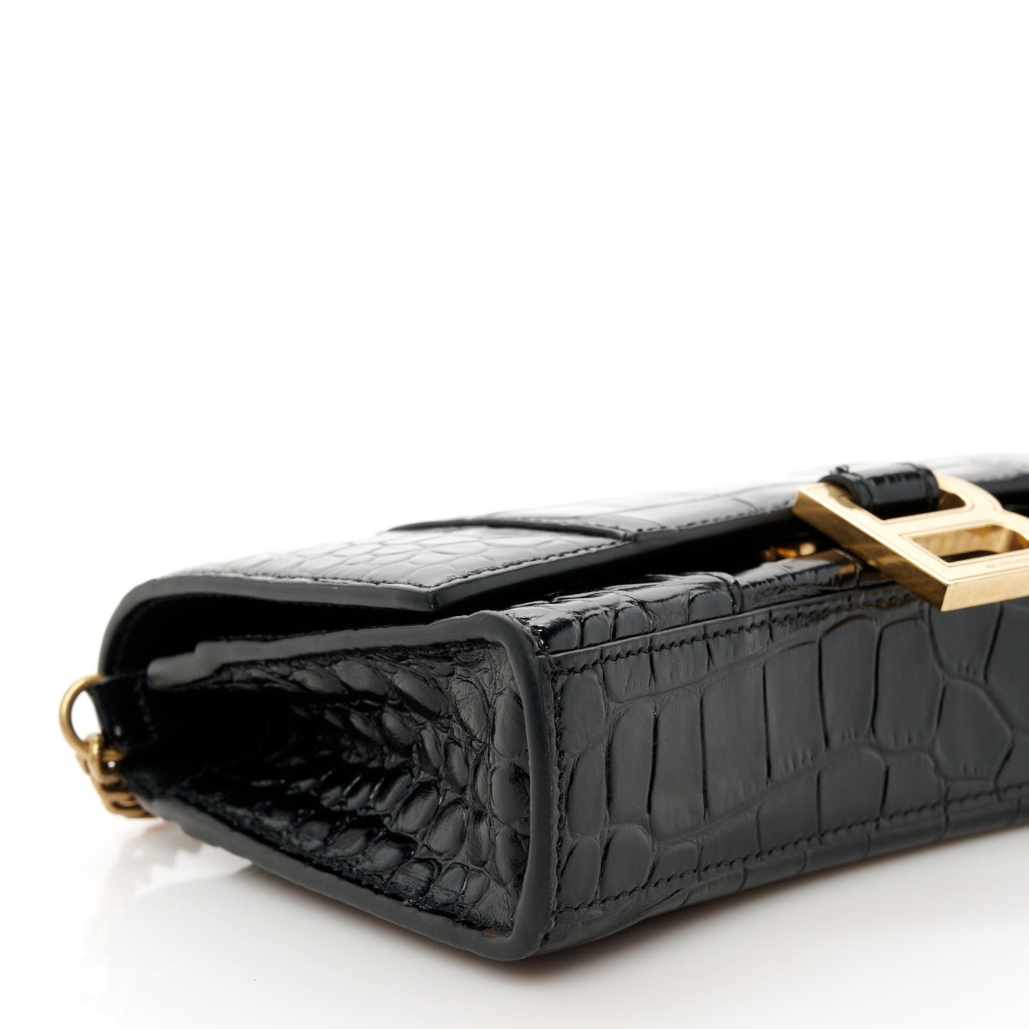 Shiny Calfskin Crocodile Embossed Hourglass Chain Bag Black