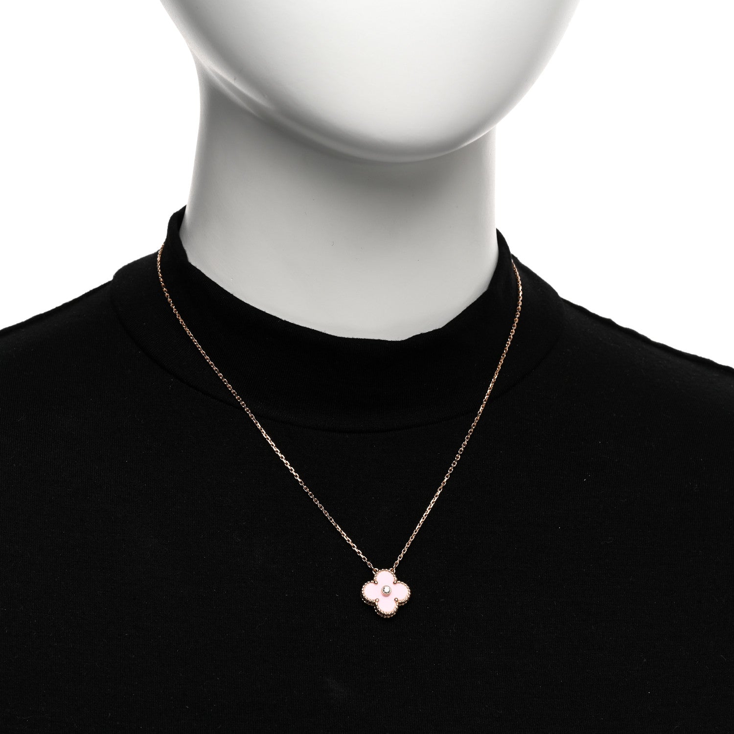 Van Cleef & Arpels 18K Rose Gold Diamond Pink Porcelain Vintage Alhambra Pendant Necklace 2 of 6