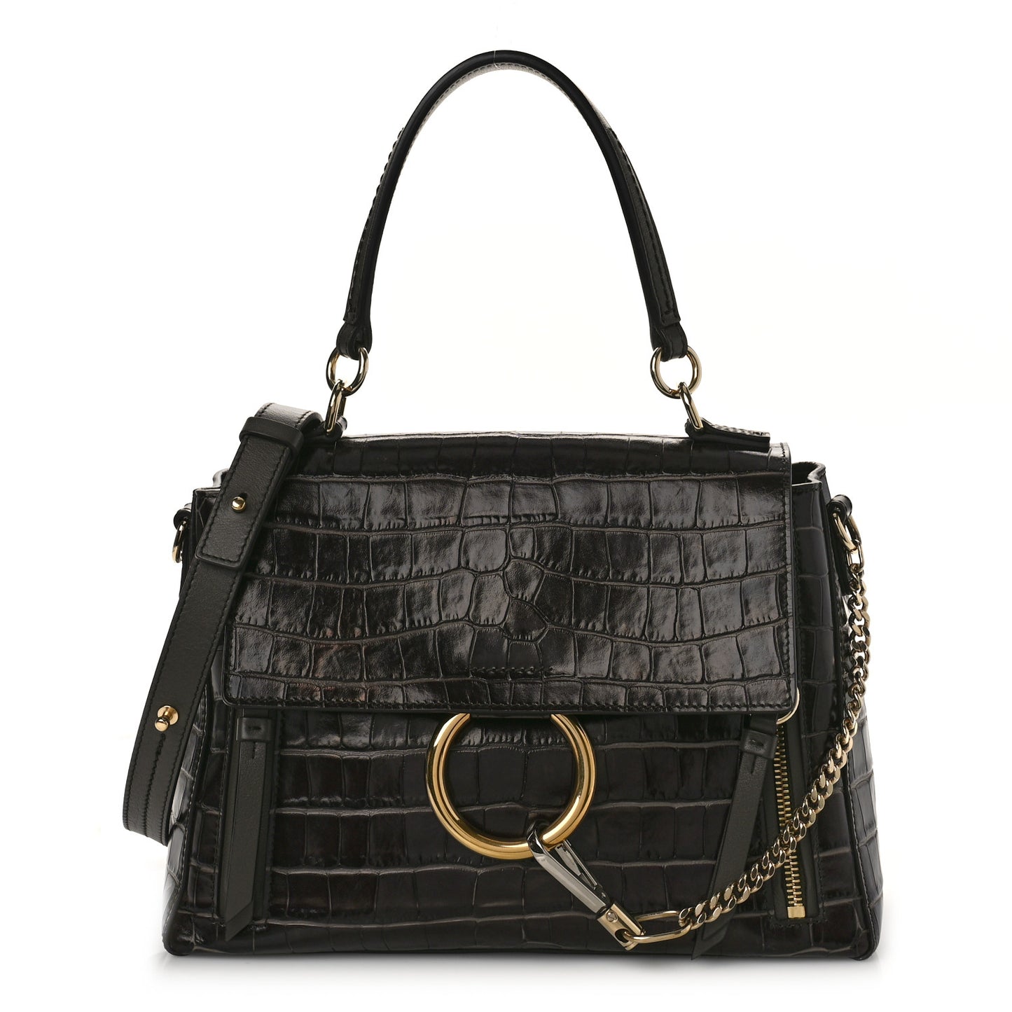 Calfskin Crocodile Embossed Small Faye Day Shoulder Bag Profound Brown