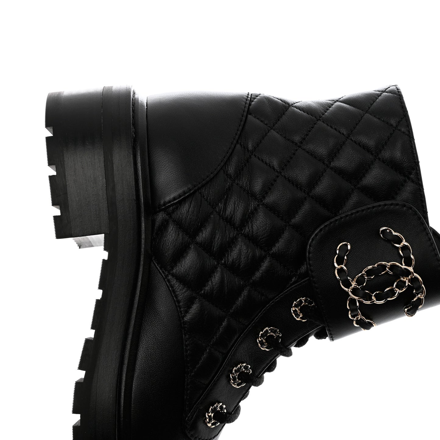 Shiny Lambskin Quilted Lace Up Combat Boots 38.5 Black