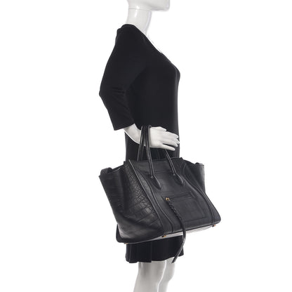 Celine Calfskin Crocodile Embossed Medium Phantom Luggage Black 2 of 9