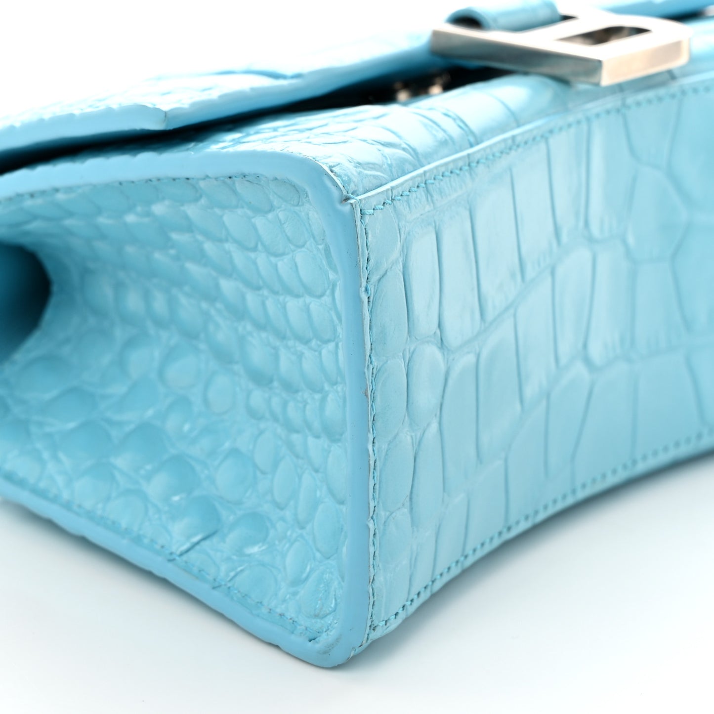 Shiny Calfskin Crocodile Embossed Hourglass Top Handle Bag XS Azur