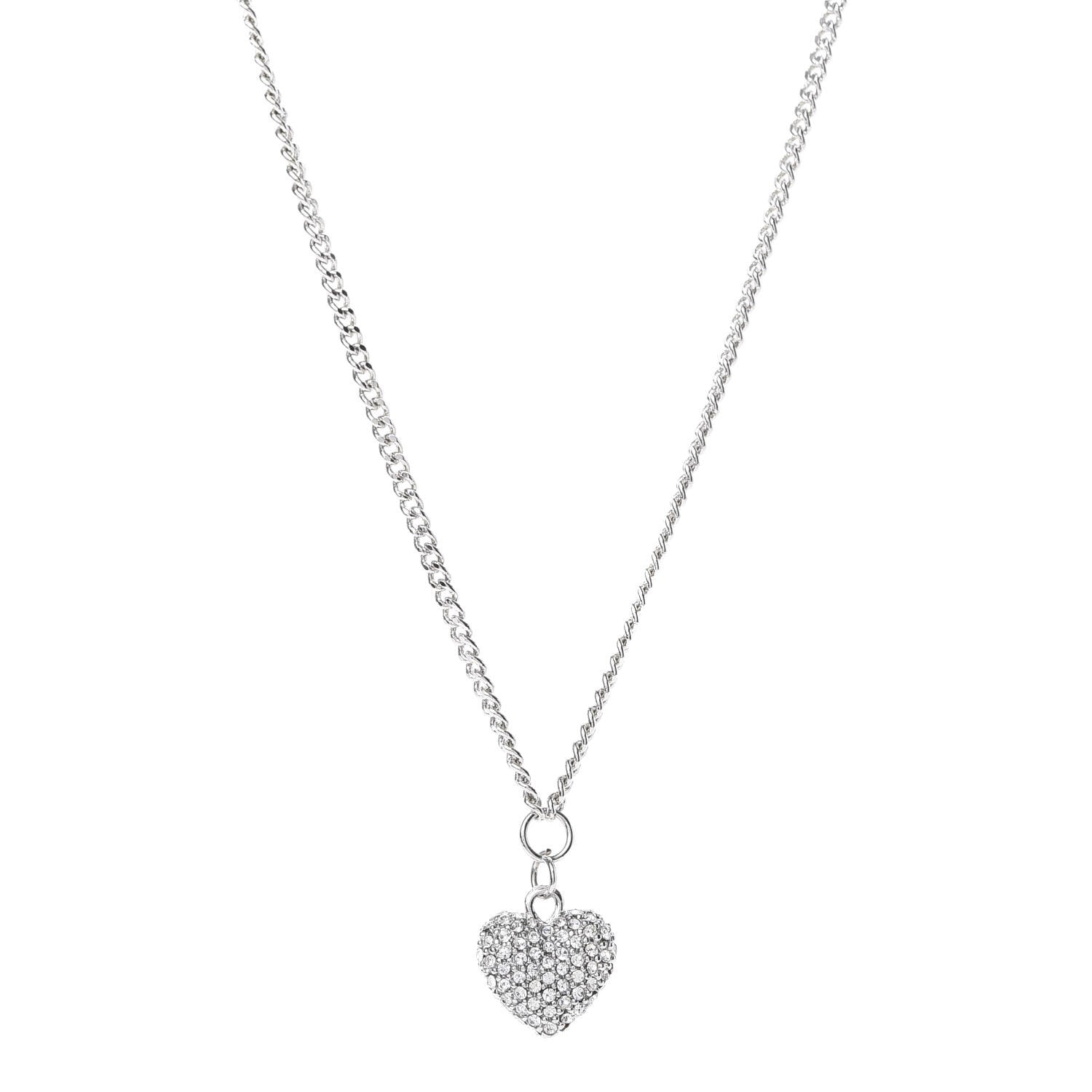 Christian Dior Metal Crystal Logo Heart Pendant Necklace Silver 1 of 4