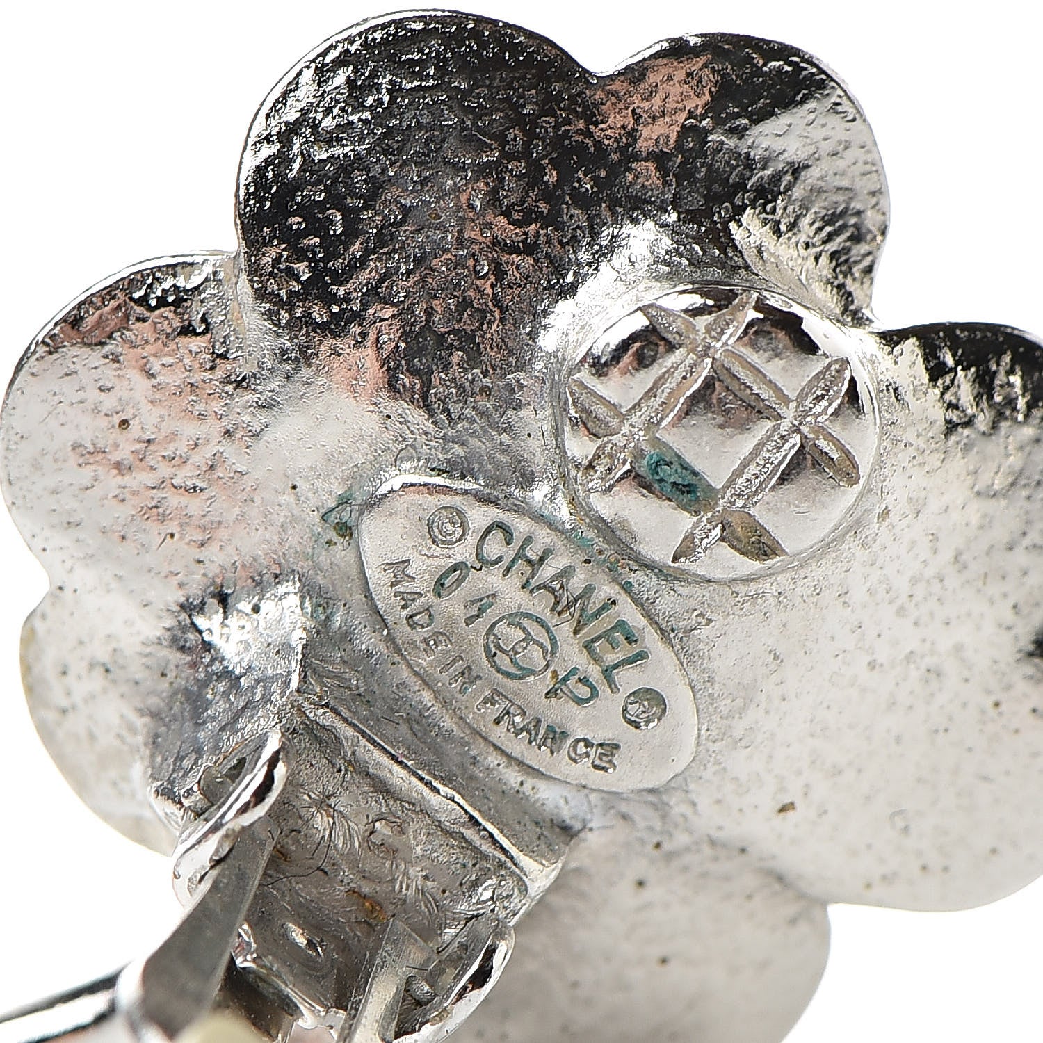 Chanel Enamel Crystal CC Camellia Clip On Earrings Beige Silver 4 of 5