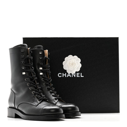 Chanel Calfskin Cap Toe Lace Up Combat Boots 38 Black 24 of 26