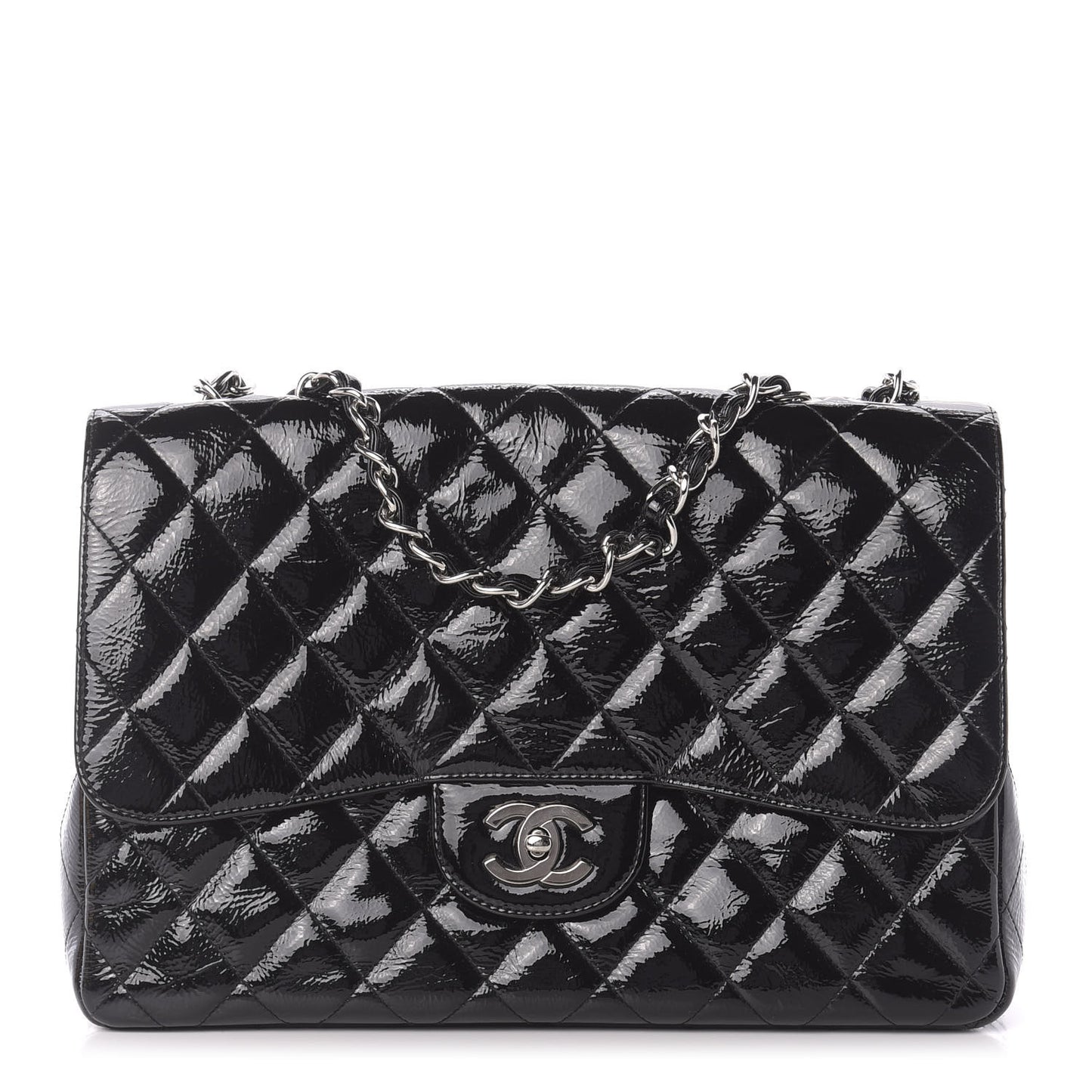 Distressed Patent Quilted Jumbo Single Flap Black