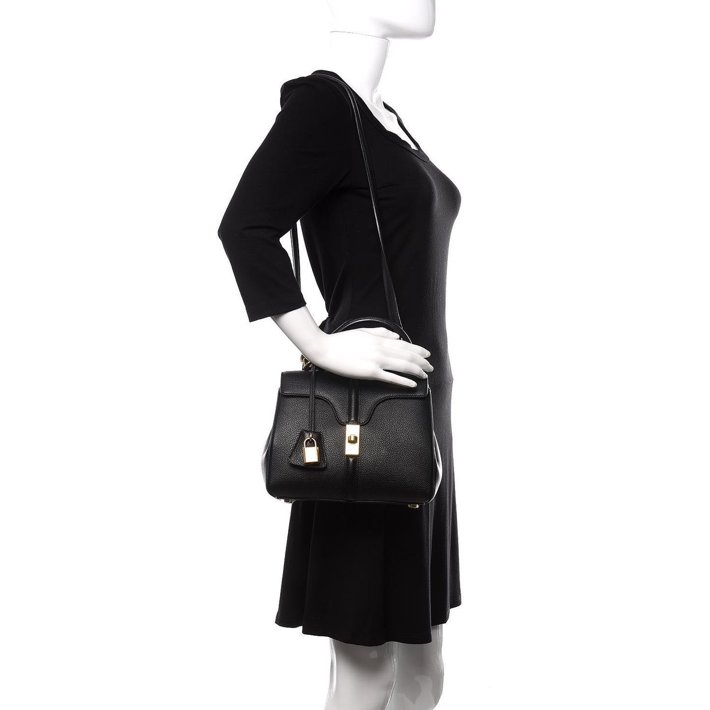 Grained Calfskin Small 16 Top Handle Bag Black