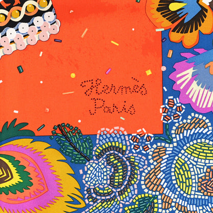 Hermes Silk Costume de Fete Scarf 90 Vermillon Bleu Azur Multicolore 2 of 4